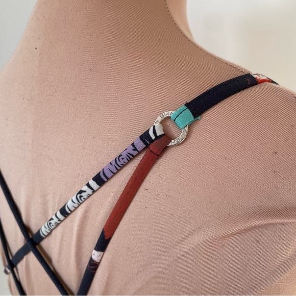 SHAN Strappy Back Rosette Tulle Trim Black Multi Rose Print One Piece Swimsuit 8 - Picture 6 of 11